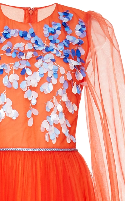 Shop Carolina Herrera Long Sleeve Embroidered Gown In Orange