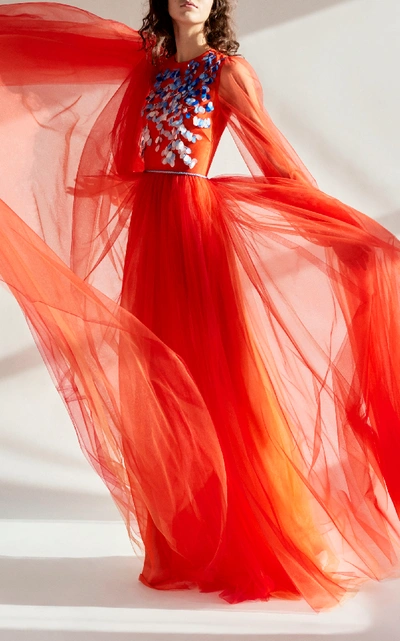 Shop Carolina Herrera Long Sleeve Embroidered Gown In Orange