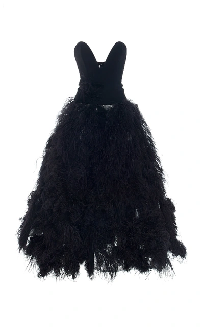 Shop Oscar De La Renta Strapless Feather-embellished Crepe Gown In Black