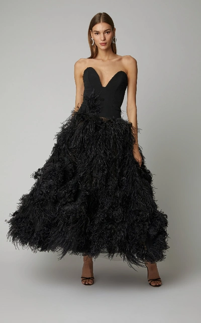 Shop Oscar De La Renta Strapless Feather-embellished Crepe Gown In Black