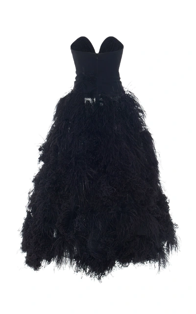 Shop Oscar De La Renta Strapless Feather-embellished Crepe Gown In Black