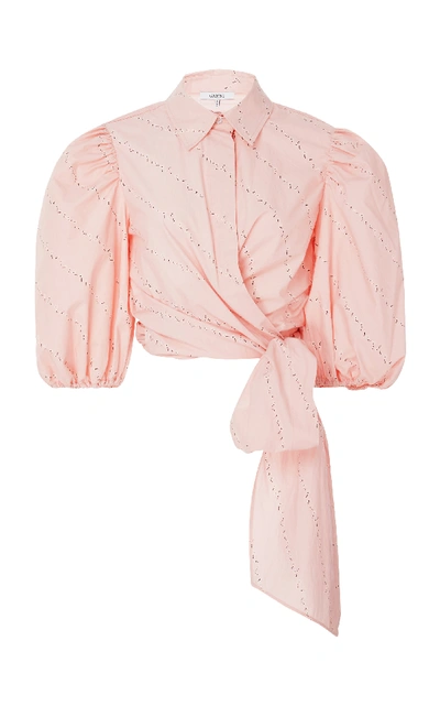 Shop Ganni Cropped Tie-detailed Cotton-poplin Top In Pink