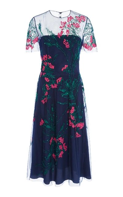 Shop Carolina Herrera Floral-embroidered Tulle Midi Dress In Navy