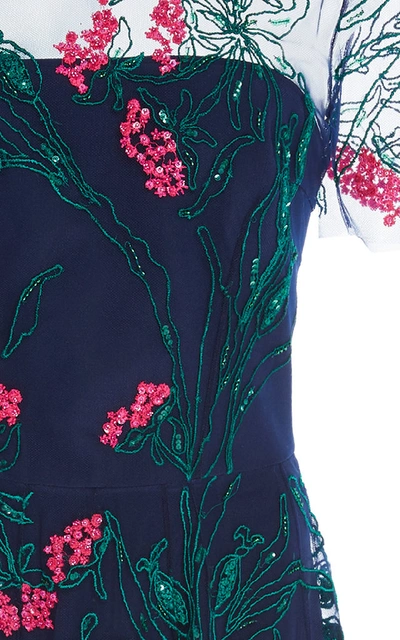 Shop Carolina Herrera Floral-embroidered Tulle Midi Dress In Navy