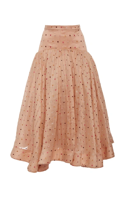 Shop Acler Parxton Gathered Embroidered Linen And Silk-blend Skirt In Pink