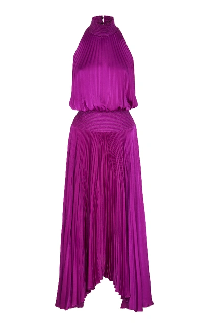 Shop A.l.c Renzo Pleated Satin Halterneck Dress In Purple