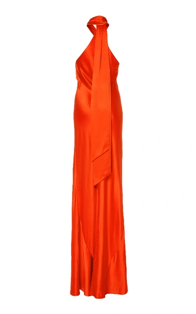 Shop Galvan Pandora Silk Halter Dress In Orange