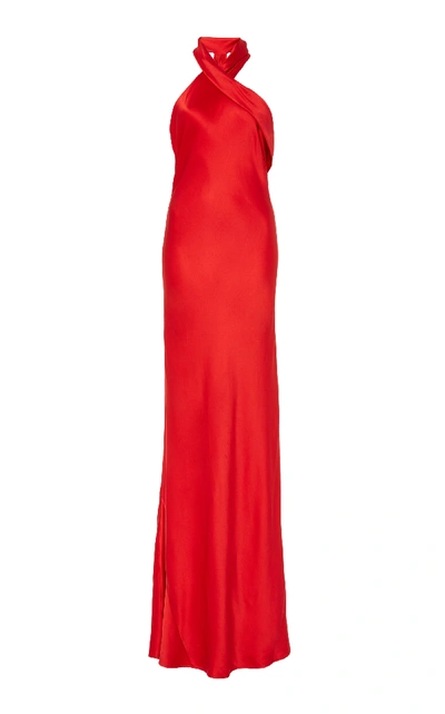 Shop Galvan Pandora Silk Halter Dress In Red