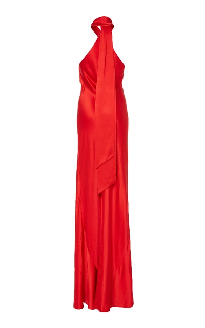 Shop Galvan Pandora Silk Halter Dress In Red