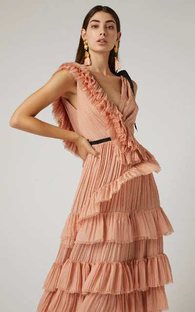 Shop Johanna Ortiz Petals On The Wind Ruffled Silk Mesh Dress In Pink