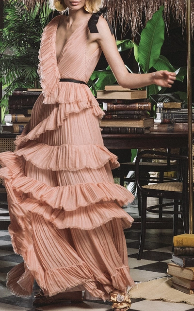 Shop Johanna Ortiz Petals On The Wind Ruffled Silk Mesh Dress In Pink