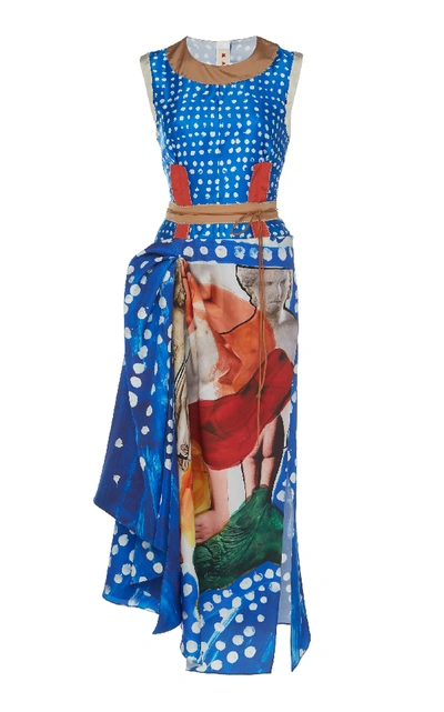 Shop Marni Sleeveless Printed Silk Midi Dress In Blue