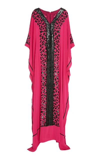 Shop Joanna Mastroianni Leopard-print Embellished Silk Caftan In Pink