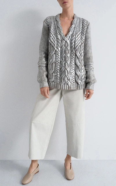 Shop Partow Maxime Wool-cashmere Cable-knit Sweater In Silver