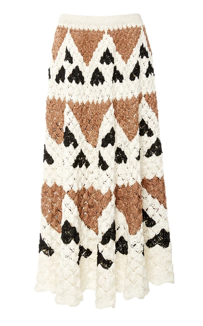 Shop Oscar De La Renta Scalloped Crocheted Silk Midi Skirt In Multi