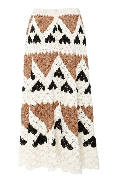 Shop Oscar De La Renta Scalloped Crocheted Silk Midi Skirt In Multi