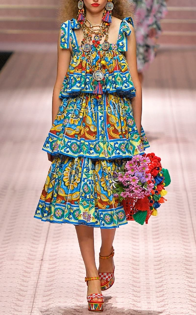 Shop Dolce & Gabbana Printed Poplin Tiered Dress