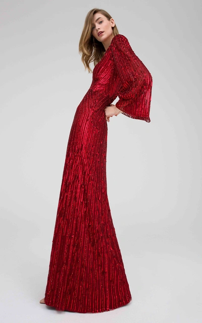 Jenny Packham Silvie V-neck Sequin Gown In Red