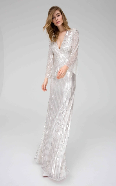 Jenny Packham Silvie V-neck Sequin Gown In White