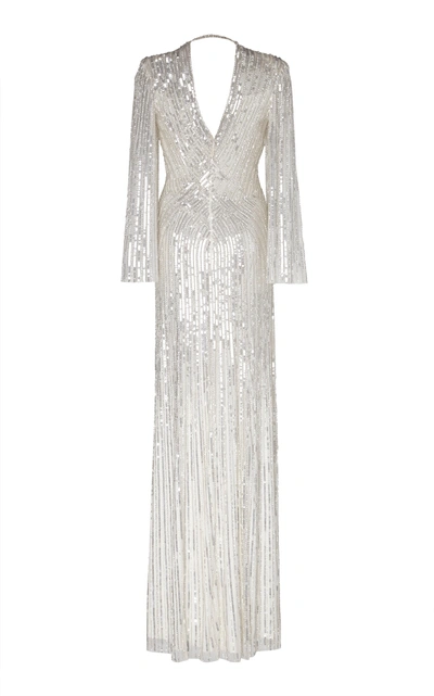 Jenny Packham Silvie V-neck Sequin Gown In White