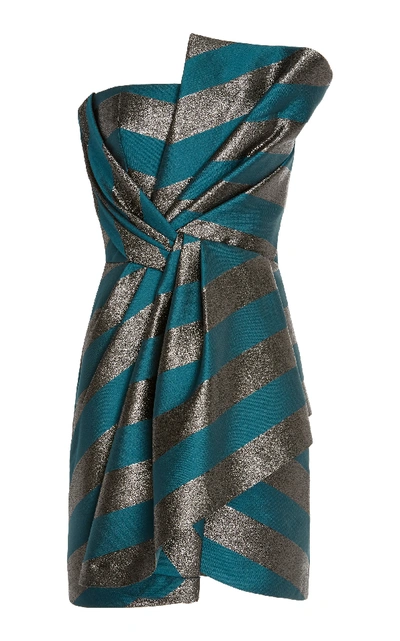 Shop J Mendel Draped Metallic Stripe Strapless Mini Dress