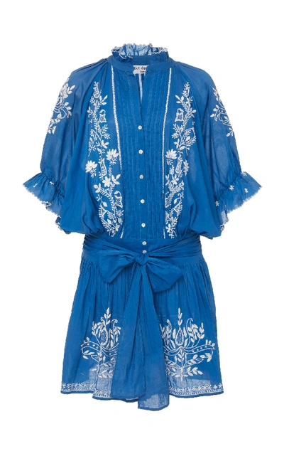 Shop Juliet Dunn Belted Embroidered Cotton-voile Mini Dress In Blue