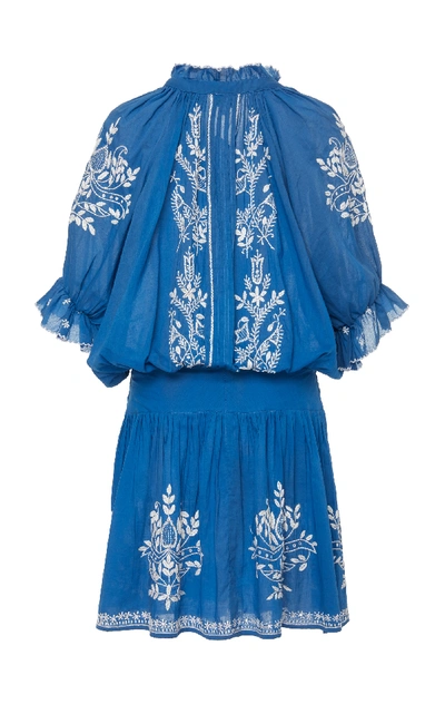 Shop Juliet Dunn Belted Embroidered Cotton-voile Mini Dress In Blue