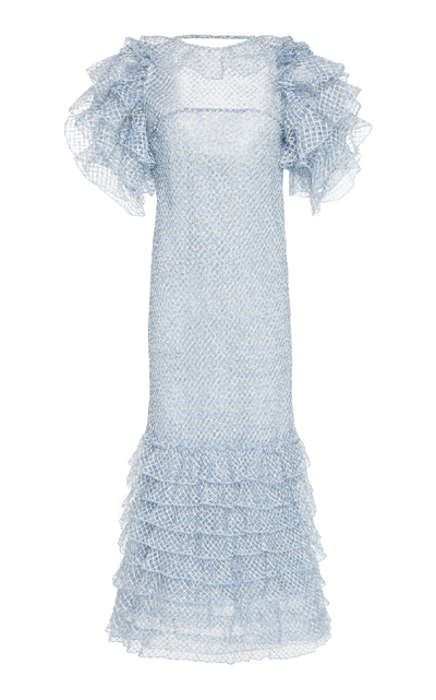 Shop Luisa Beccaria Ruffled Tiered Organza And Georgette Midi Dress In Blue