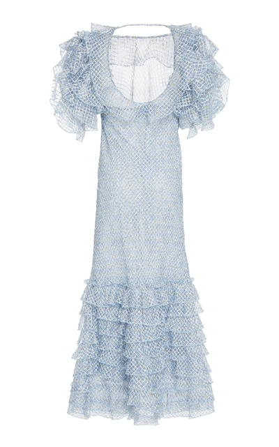 Shop Luisa Beccaria Ruffled Tiered Organza And Georgette Midi Dress In Blue