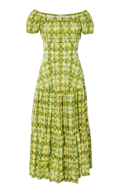 Shop Michael Kors Crushed Cap-sleeve Cotton Tiered Dress In Green