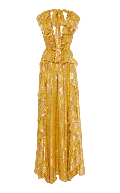Shop Ulla Johnson Demetria Metallic Silk-blend Gown  In Yellow