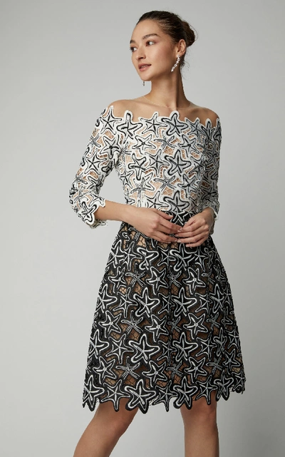 Shop Oscar De La Renta Illusion Guipure Lace Midi Dress In Black/white