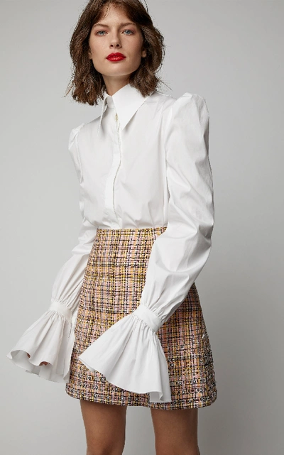Shop Carolina Herrera Puff-sleeve Cotton-blend Shirt In White