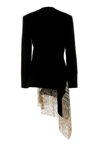 Shop Oscar De La Renta Fringe-trimmed Embroidered Wool-blend Blazer In Black