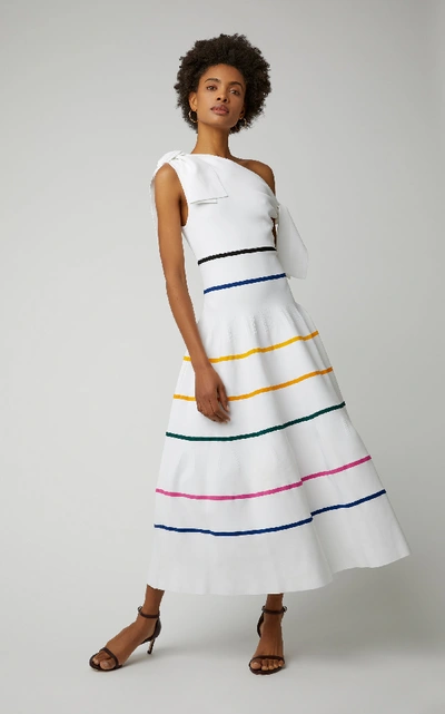 Shop Carolina Herrera Off-the-shoulder Striped Knit-poplin Midi Dress In White