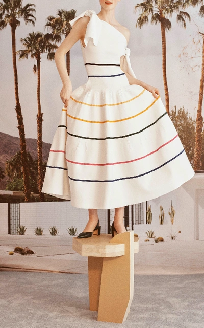 Shop Carolina Herrera Off-the-shoulder Striped Knit-poplin Midi Dress In White