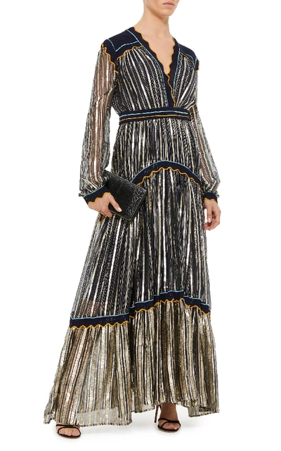 Shop Peter Pilotto Ruffled Silk Blend-lamé Gown In Metallic