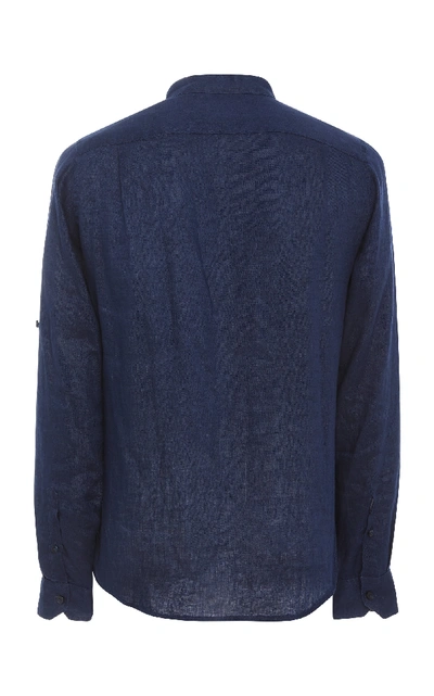 Shop Onia Eddy Solid Mandarin Linen Shirt In Navy