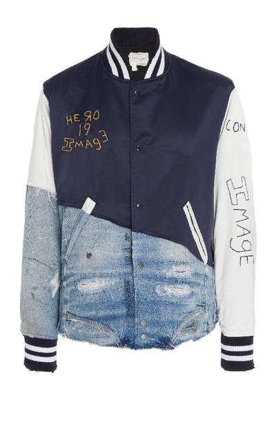Shop Greg Lauren Distressed Cotton-blend Varsity Jacket In Navy