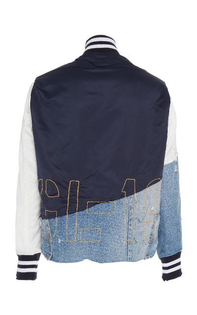 Shop Greg Lauren Distressed Cotton-blend Varsity Jacket In Navy