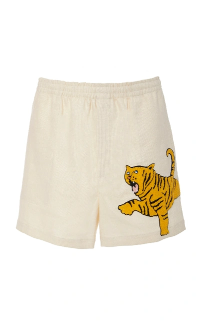 Shop Bode Embroidered Linen Rugby Shorts In White