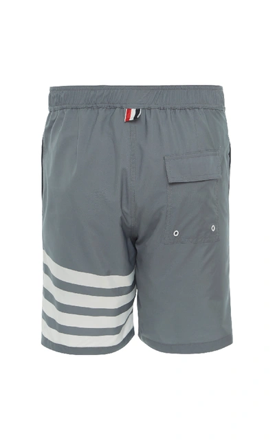 Shop Thom Browne Four-bar Striped Snap-front Swim Short In Grey