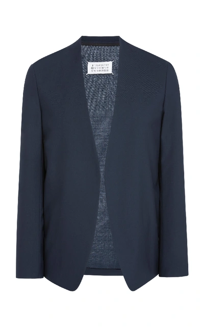 Shop Maison Margiela Two-ply Collarless Wool Blazer In Navy