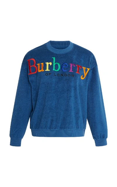 Shop Burberry Embroidered Velour Sweater In Blue