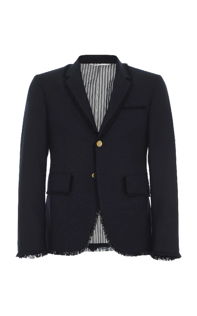 Shop Thom Browne Frayed Wool Sport Coat In Navy