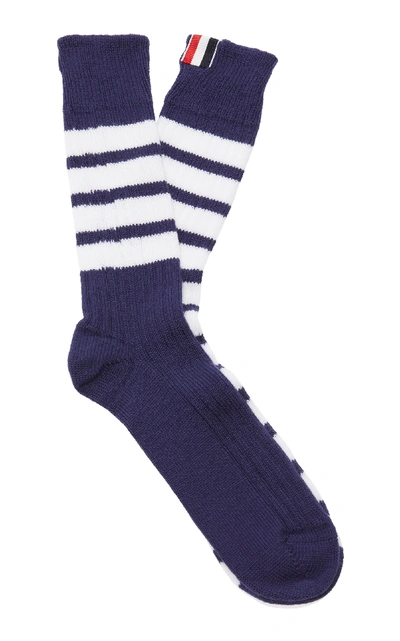 Shop Thom Browne Striped Mid-calf Cotton Socks In Navy