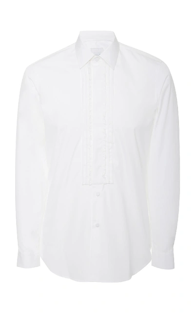Shop Prada Pleated Cotton-poplin Tuxedo Shirt In White