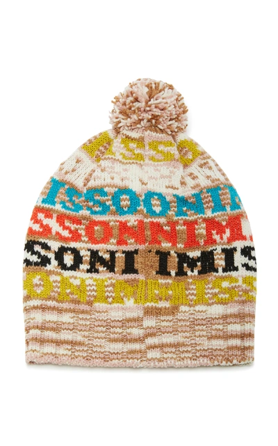 Shop Missoni Pom-pom-embellished Intarsia-knit Wool-blend Beanie In Brown