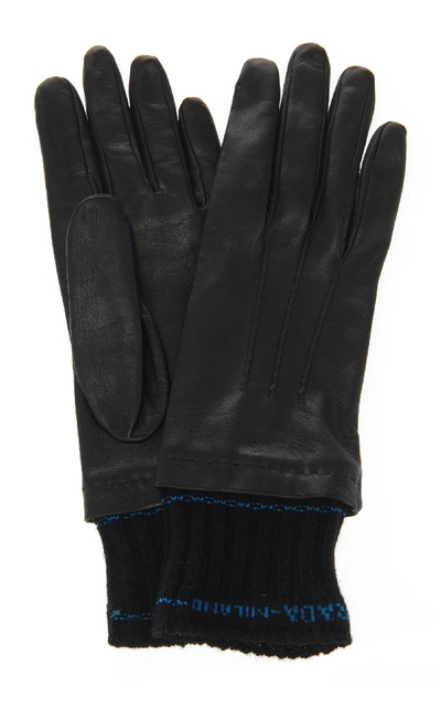 Shop Prada Knit-trimmed Nappa Leather Gloves In Black