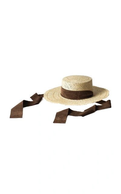 Shop Janessa Leone Nina Suede-trimmed Straw Hat In Neutral